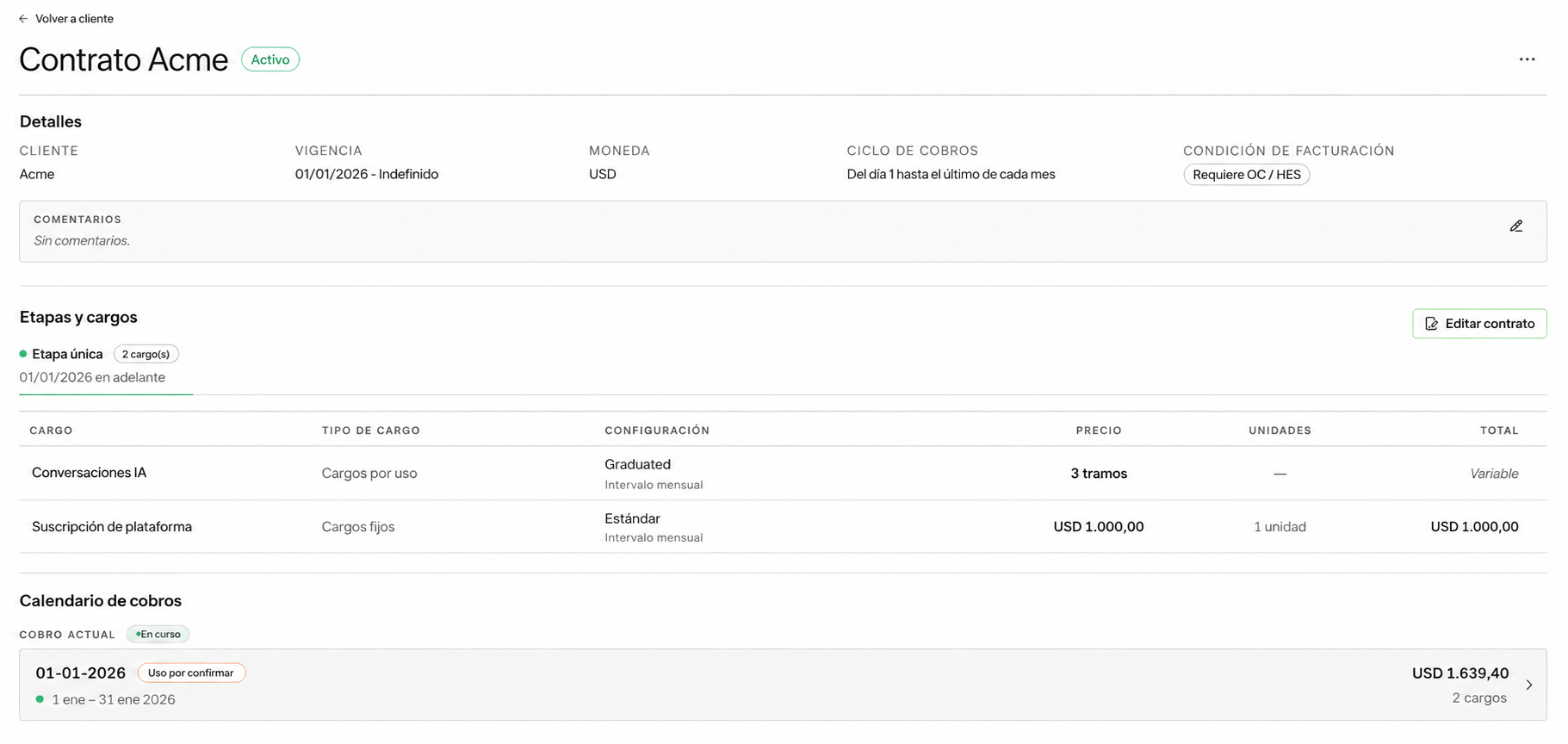 Contrato Acme activo con cargos por uso y suscripción de plataforma, junto al cobro actual de USD 1.639,40.