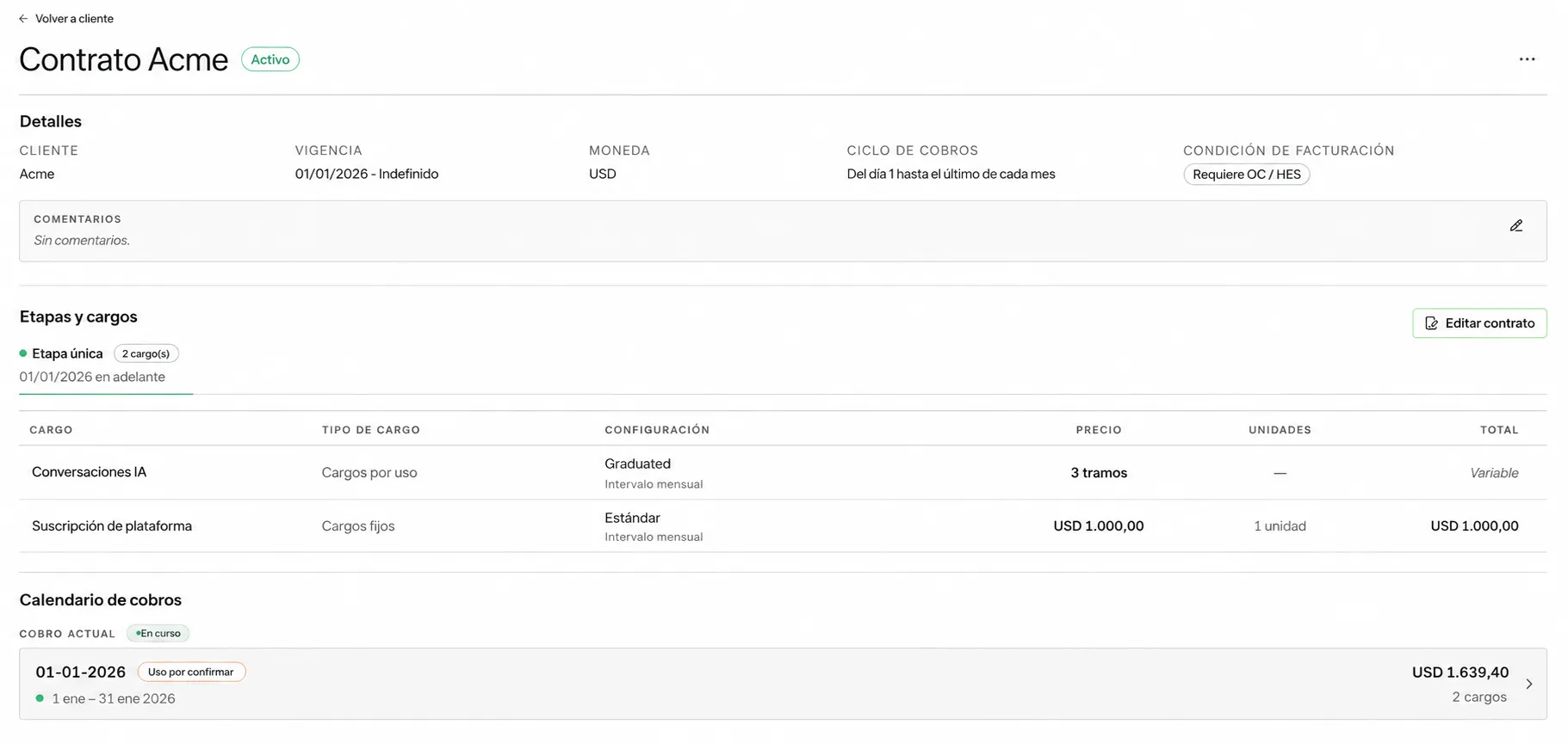 Contrato Acme activo con cargos por uso y suscripción de plataforma, junto al cobro actual de USD 1.639,40.